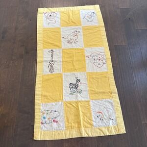 Handmade Quilted Baby Blanket Yellow Safari Animals‎ Embroidered Nursery 52x 27"